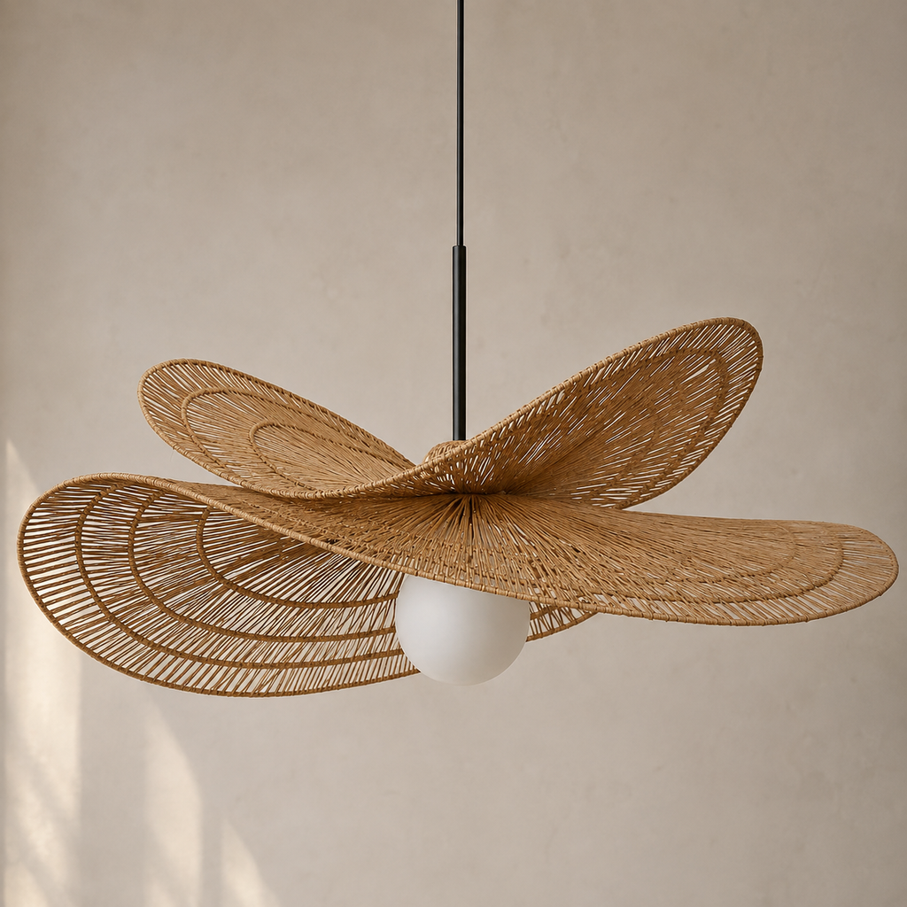 A modern pendant light with a large, butterfly-like woven rattan shade in a natural tan color, suspended by a thin black rod with a white globe bulb underneath, set against a warm beige textured wall.