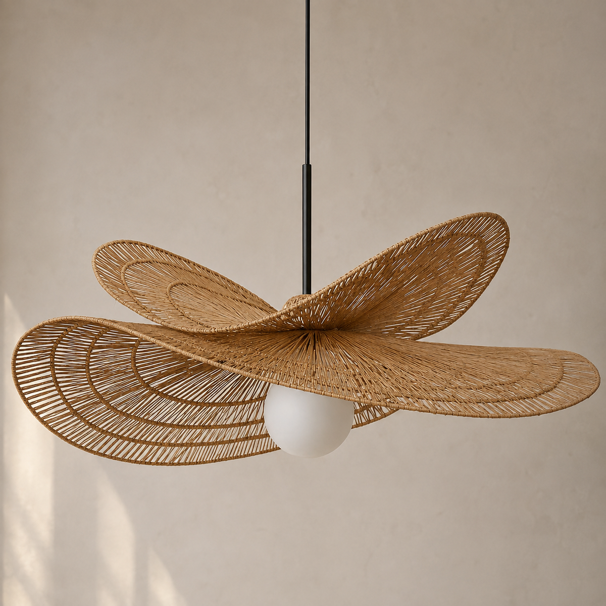 A modern pendant light with a large, butterfly-like woven rattan shade in a natural tan color, suspended by a thin black rod with a white globe bulb underneath, set against a warm beige textured wall.