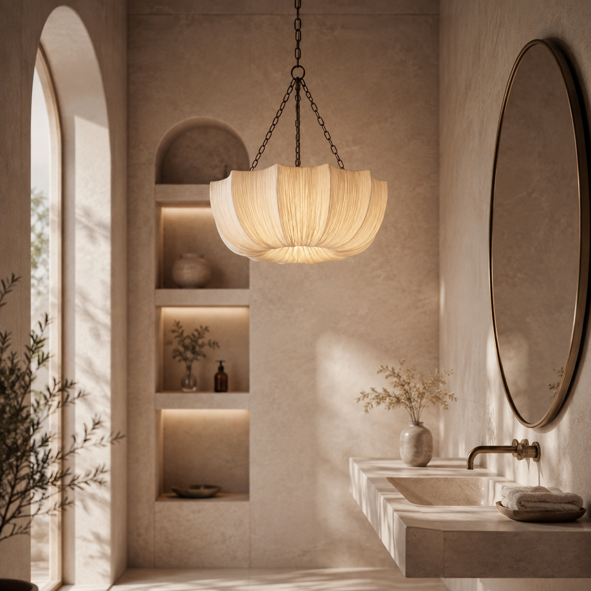 A modern pendant light with a pleated, flower-like shade in warm cream/beige, hanging in a minimalist, sunlit bathroom with stone walls, a built-in niche, and a large round mirror.