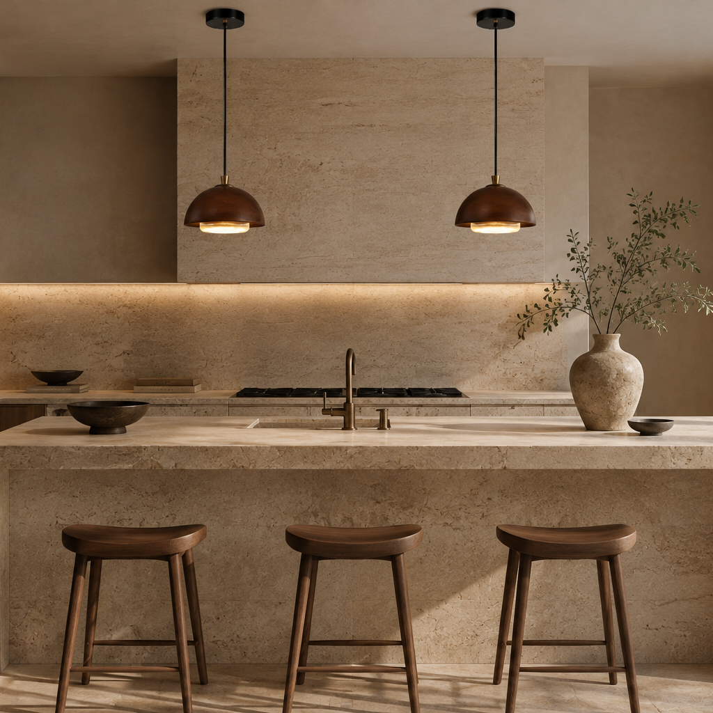 A modern kitchen island in warm beige stone with three wooden bar stools, two copper pendant lights, dark wood cabinetry, and a large vase with branches on the counter.