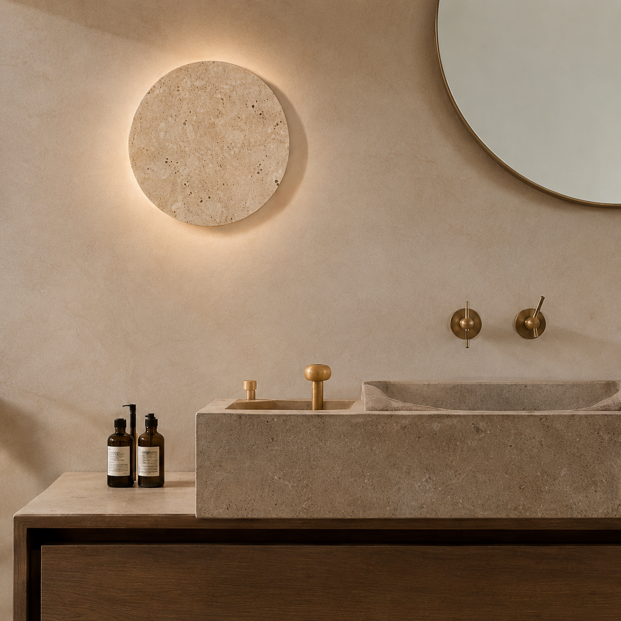 A modern bathroom vanity setup with a rectangular stone sink and countertop, brass faucet and wall controls, two small dark bottles on the left, and a warm circular wall light above. The scene is styled in a real interior environment rather than a clean isolated product shot, so subject_type is Lifestyle.