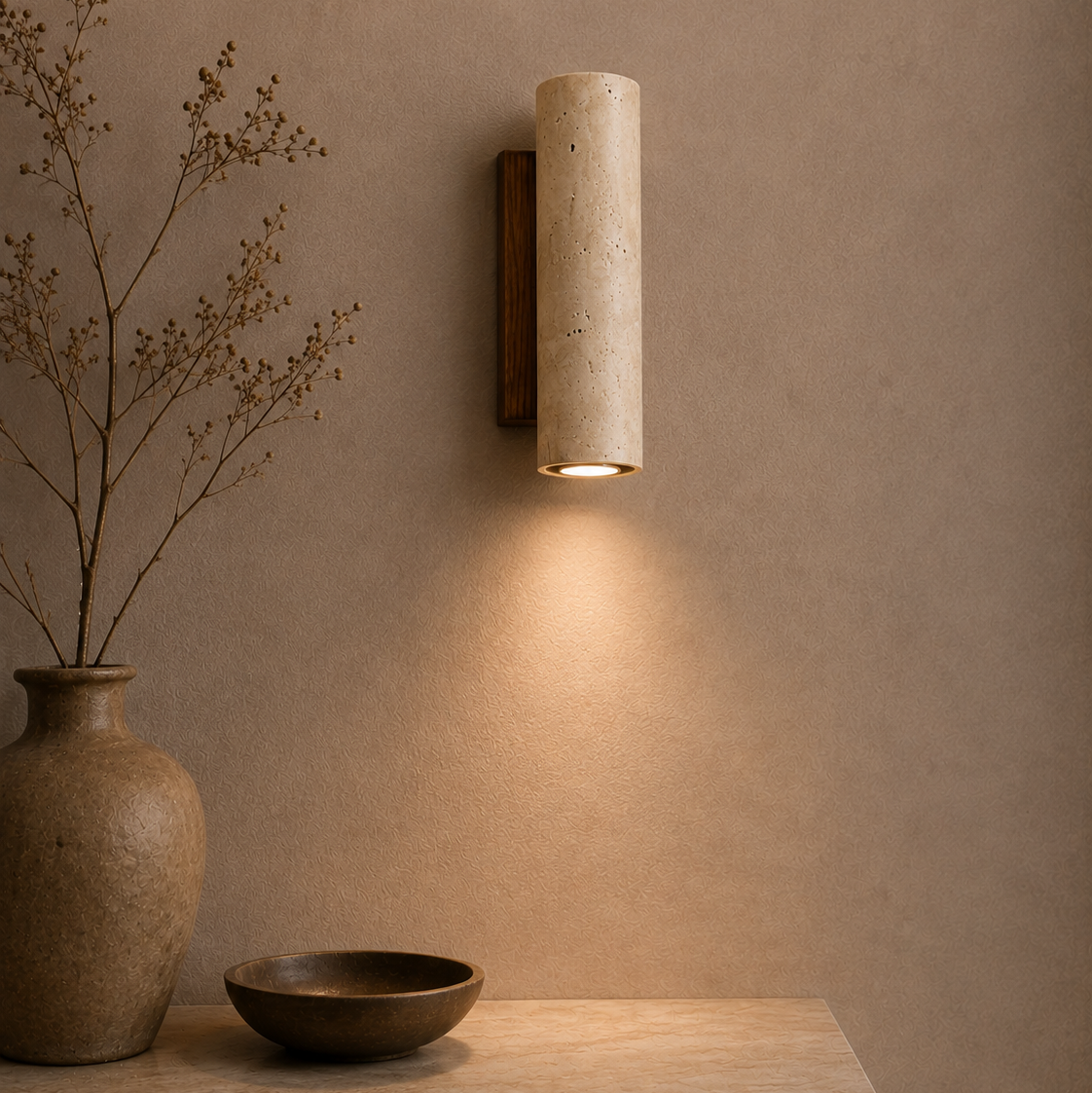 A modern cylindrical wall sconce with a textured beige stone or concrete finish and a dark metal mounting plate, mounted on a warm beige plaster wall. The light is turned on, casting a warm glow downwards.