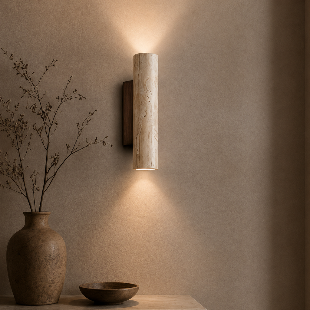 A modern cylindrical wall sconce with a textured beige stone or marble-like finish, mounted on a warm beige wall and casting a soft downward light. A ceramic vase with dried branches and a small bowl sit on a tabletop below.