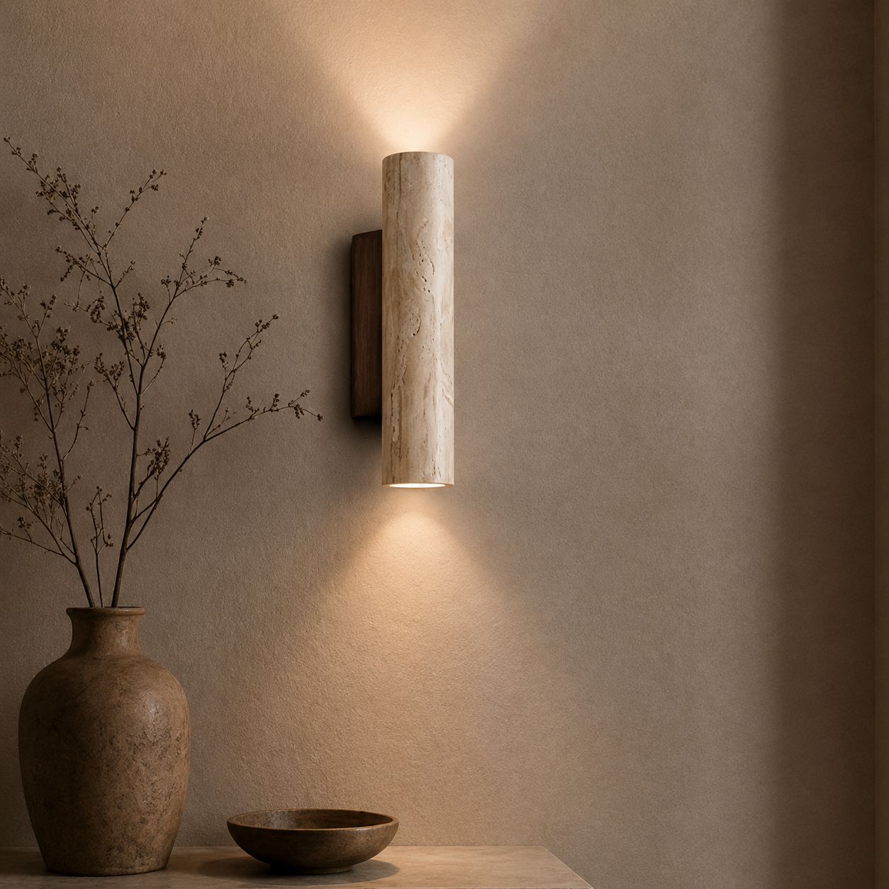 A modern cylindrical wall sconce with a textured beige stone or marble-like finish, mounted on a warm beige wall and casting a soft downward light. A ceramic vase with dried branches and a small bowl sit on a tabletop below.