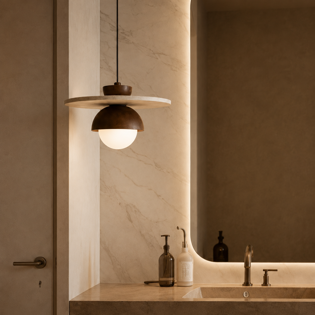 A modern pendant light with a matte bronze dome shade and a circular floating wooden shelf, shown illuminated in a warm bathroom setting with a marble sink and beige walls.