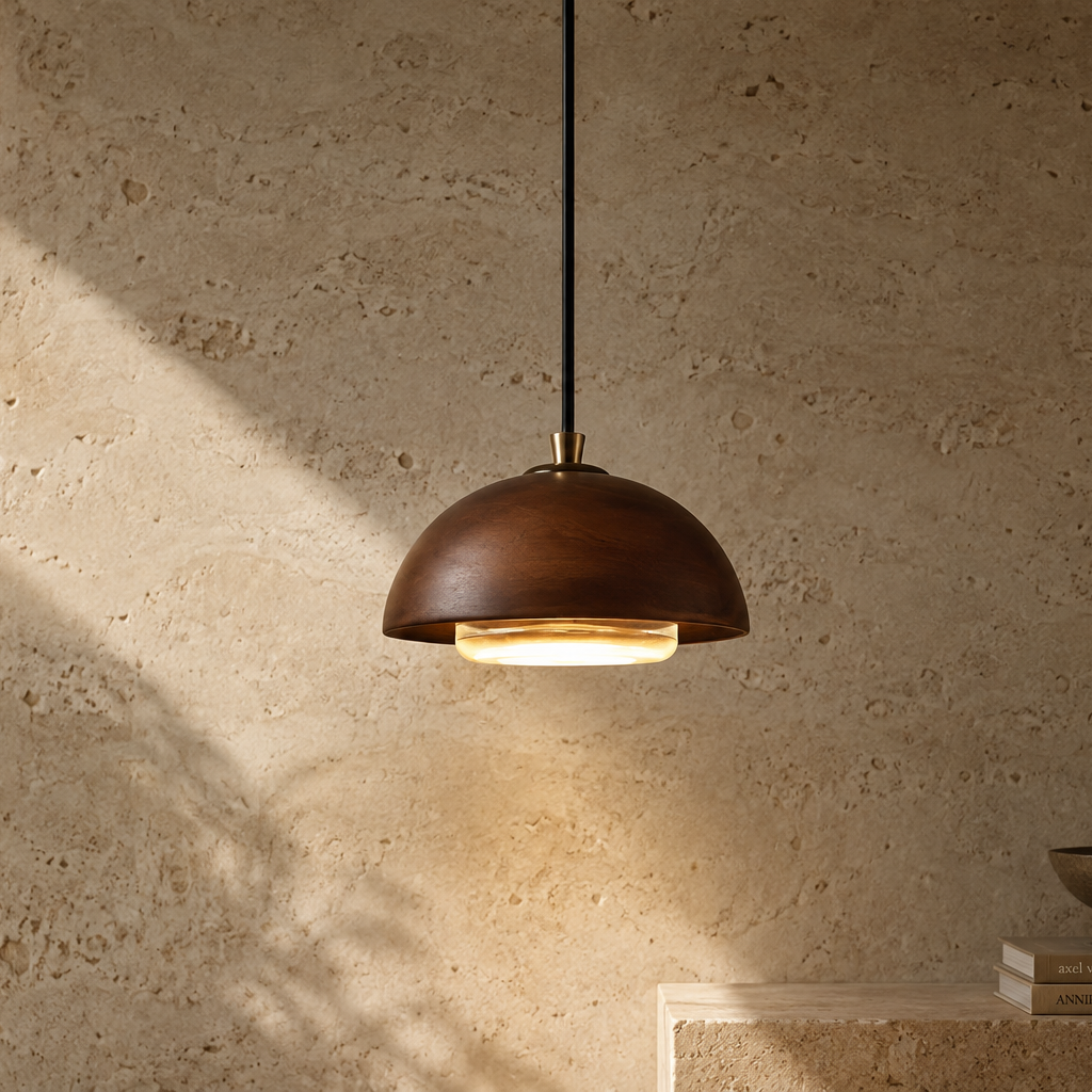 A dome-shaped pendant light with a dark bronze finish and a warm glowing bulb, hanging against a textured beige stone wall with sunlight casting shadows.