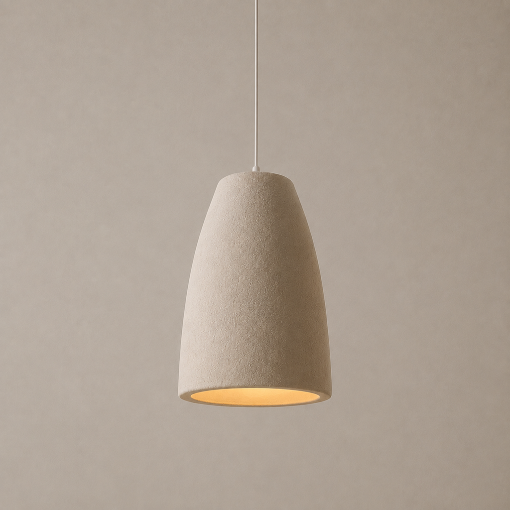 A modern pendant light with a textured, tapered beige fabric shade, suspended by a thin white cord against a neutral beige background.