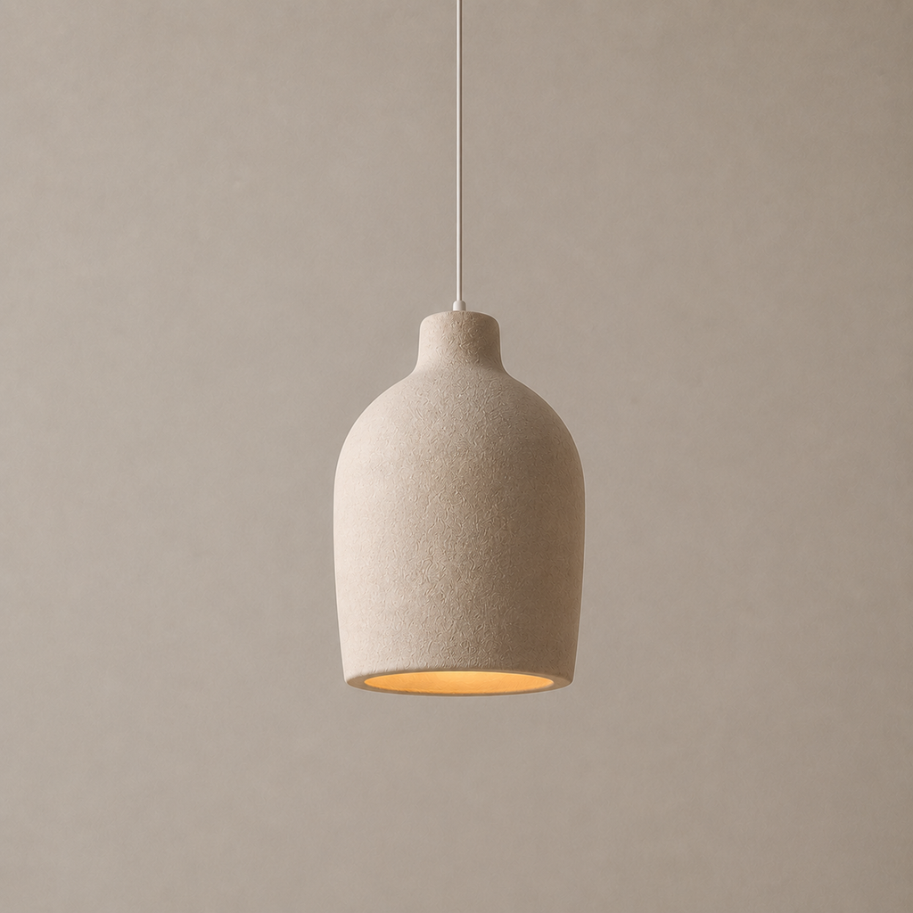 A modern pendant light with a textured, matte beige ceramic or stone-like shade, suspended by a thin white cord against a neutral, warm beige background.