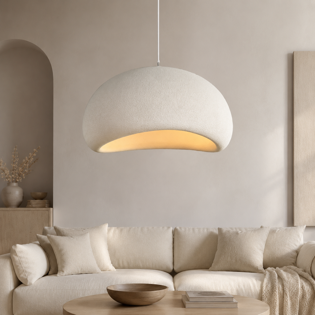A modern pendant light with a textured off-white dome shade and a warm glowing yellow interior, hanging in a minimalist beige living room above a cream sofa.