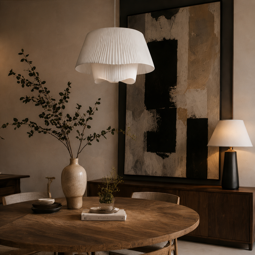 A modern dining room scene featuring a large pleated white pendant light hanging over a round wooden table. In the background, a large abstract black, beige, and brown framed wall art piece hangs above a dark wood credenza with a lit table lamp.