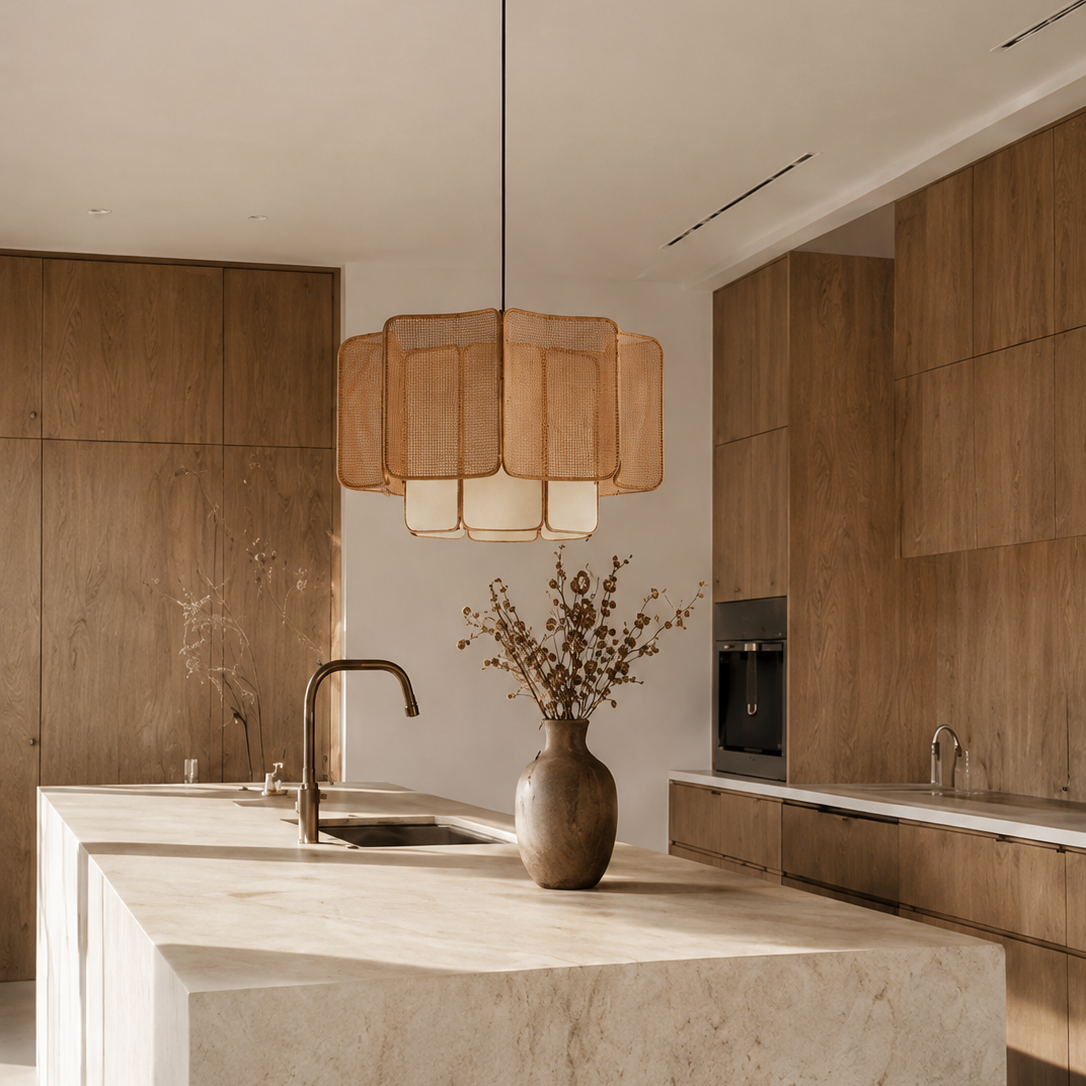A modern kitchen interior with a large marble island, wood cabinetry, a hanging pendant light with a pleated beige shade, and a vase with dried branches on the island.