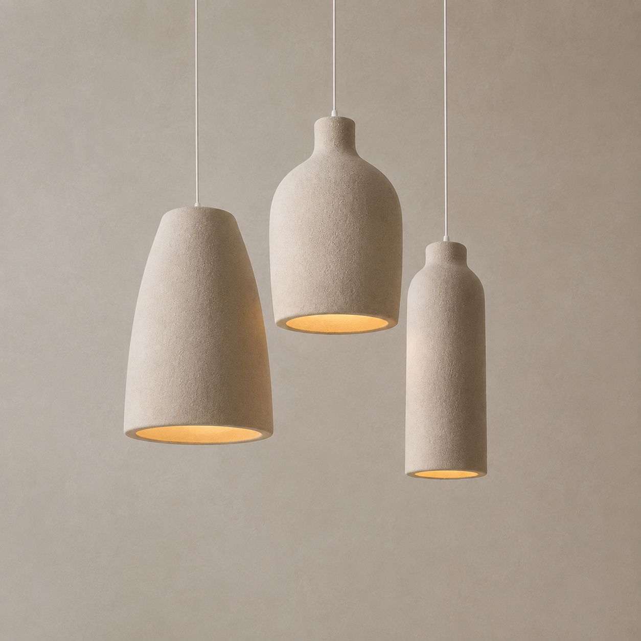 Three modern pendant light fixtures with textured beige fabric shades, shown hanging against a neutral beige wall. The shades have a tapered, rounded silhouette and are illuminated from within, casting a warm glow.
