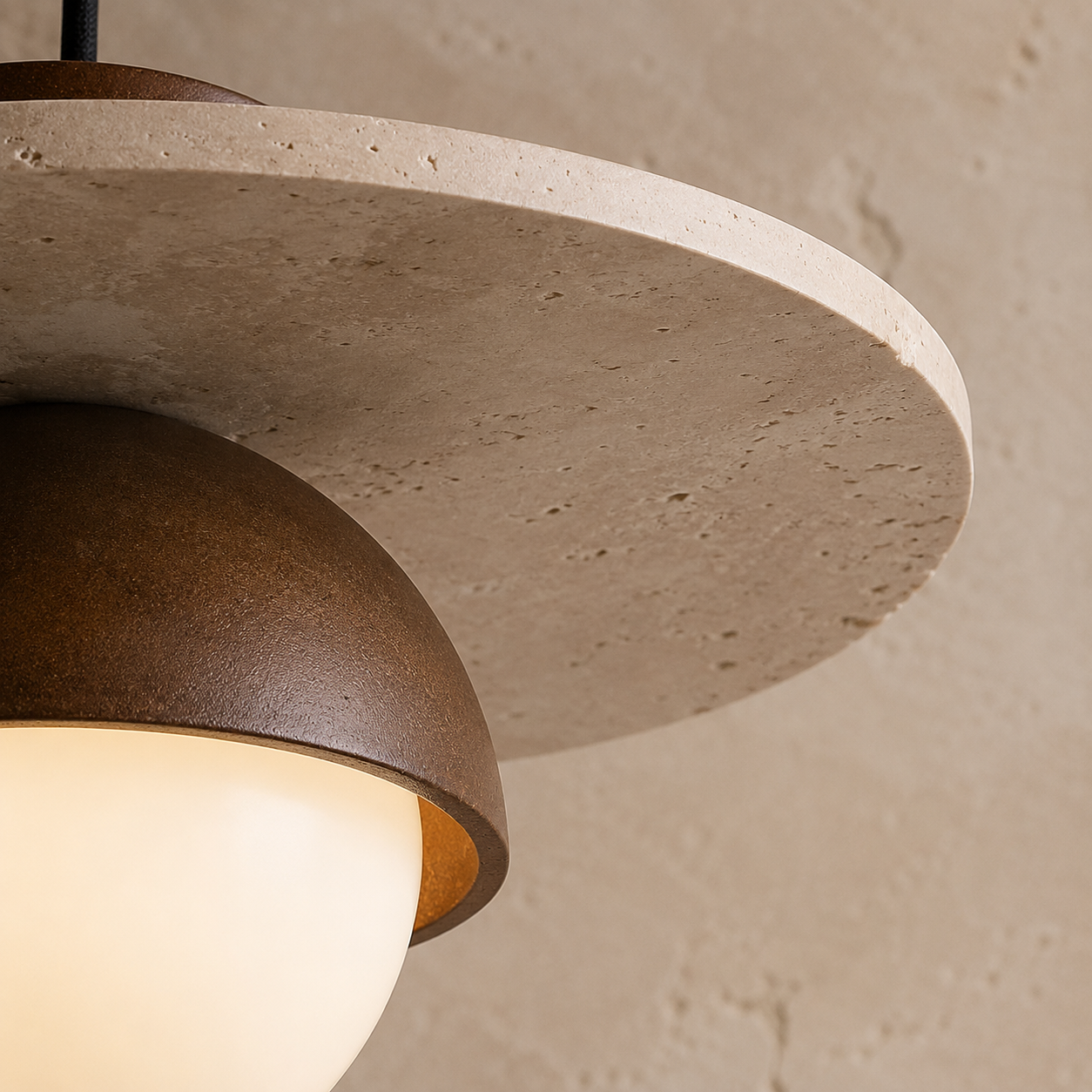 Close-up of a modern pendant light with a textured concrete disc, a dark brown metal shade, and a glowing frosted glass globe, set against a matching textured beige wall.
