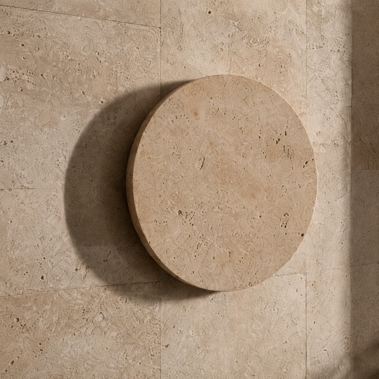 A round travertine stone pedestal or table top in a warm beige tone, shown from a top-down angle on a matching stone tiled floor.