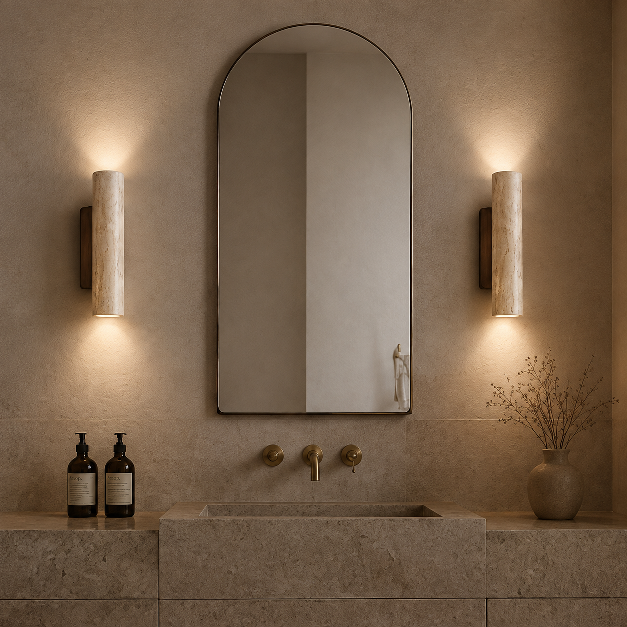 A bathroom vanity scene with a large arched mirror centered above a stone sink, flanked by two cylindrical wall sconces emitting warm light. Two dark bottles sit on the left counter and a small vase with dried stems is on the right.