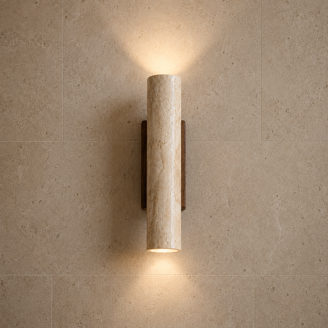 A modern cylindrical wall sconce with a light beige travertine stone column and a dark metal backplate, mounted on a beige stone tile wall and casting a warm glow upwards and downwards.