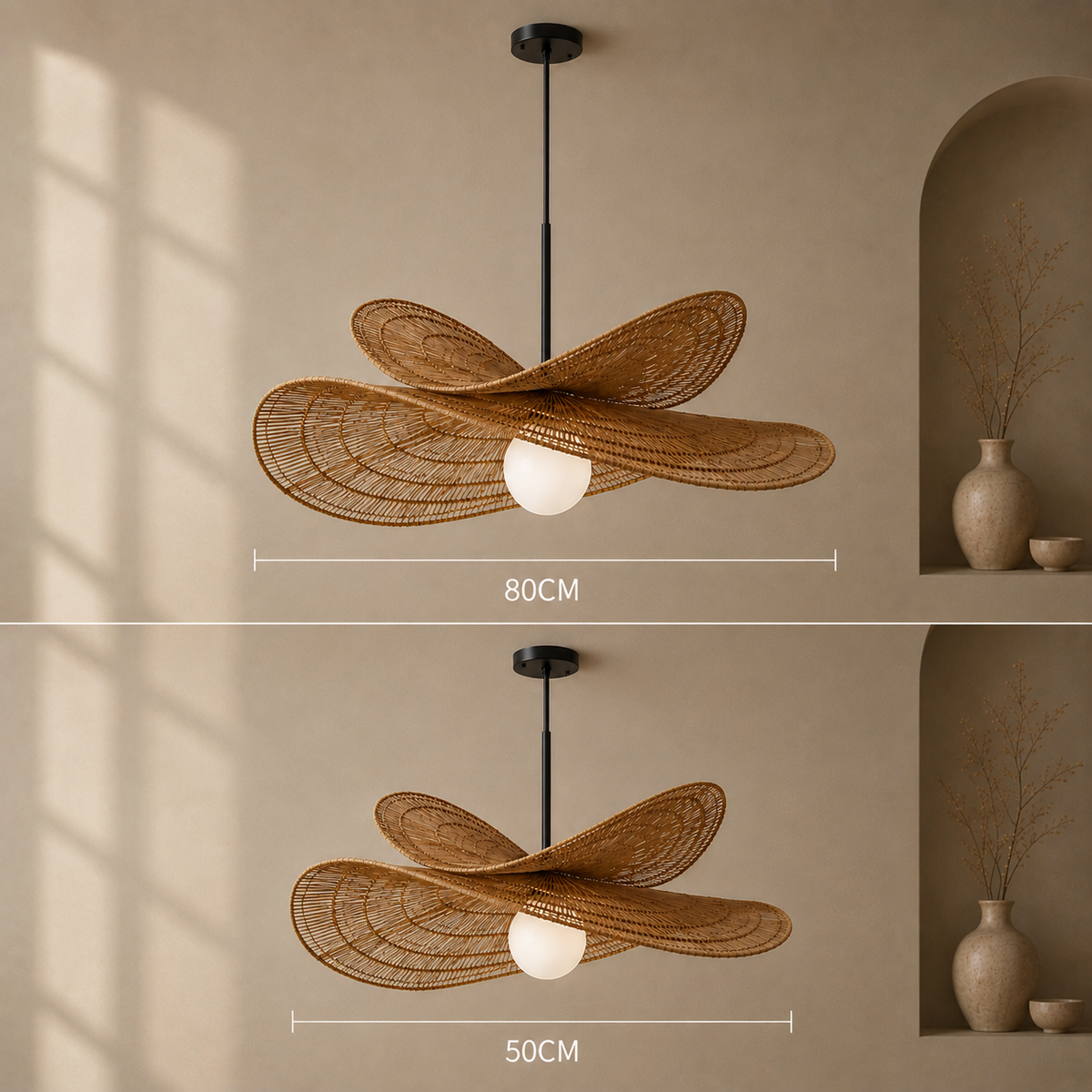 A hanging pendant light with a woven rattan or wicker wing-like shade in natural tan, suspended from a black rod with a white globe bulb. The image shows two stacked views of the same product in a beige interior, with dimension lines labeled 80CM and 50CM to indicate size variation.