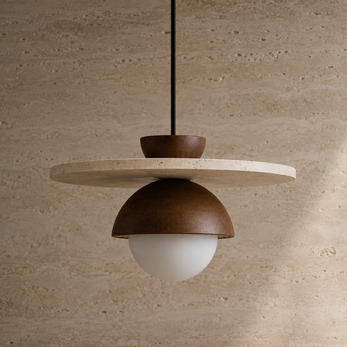 A modern pendant light with a dark brown metal dome shade, a white frosted glass globe bulb, and a round light beige stone disc shelf, suspended against a textured beige stone wall.