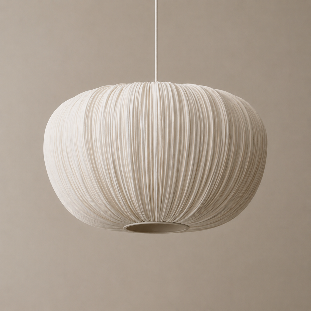 A modern pendant light with a pleated, ribbed fabric shade in a warm off-white or cream color, suspended by a thin cord against a solid, warm beige background.