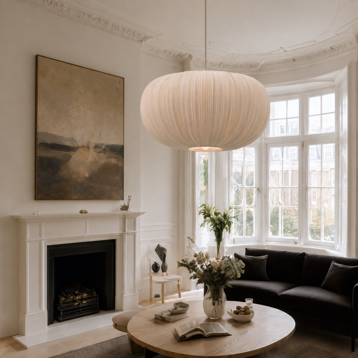 A modern living room featuring a large, spherical pleated pendant light hanging over a round wooden coffee table. The room has white walls with a white fireplace on the left and a black sofa under a large bay window on the right.