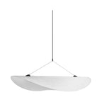 White pendant light with black hanging fixture on a white background