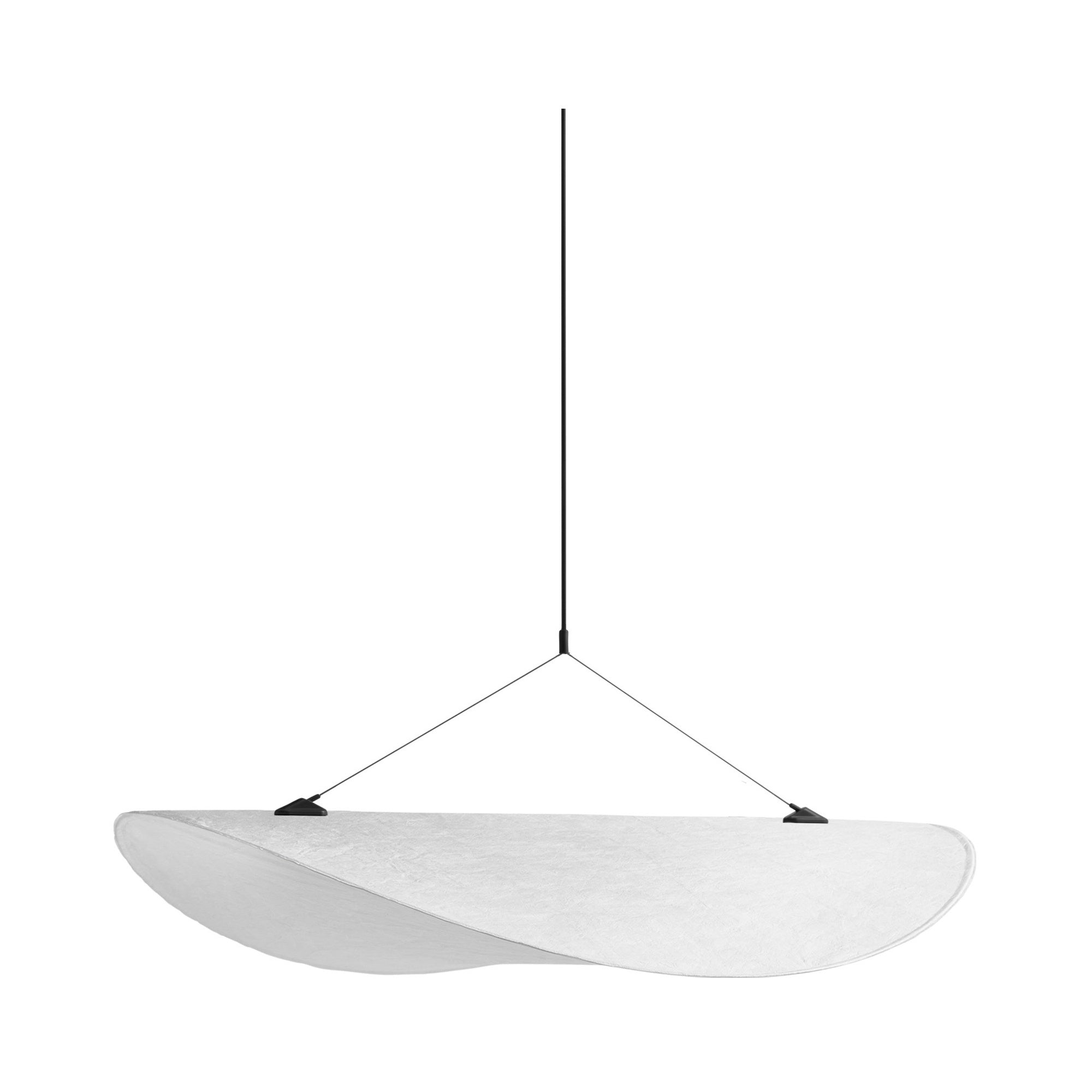 White pendant light with black hanging fixture on a white background