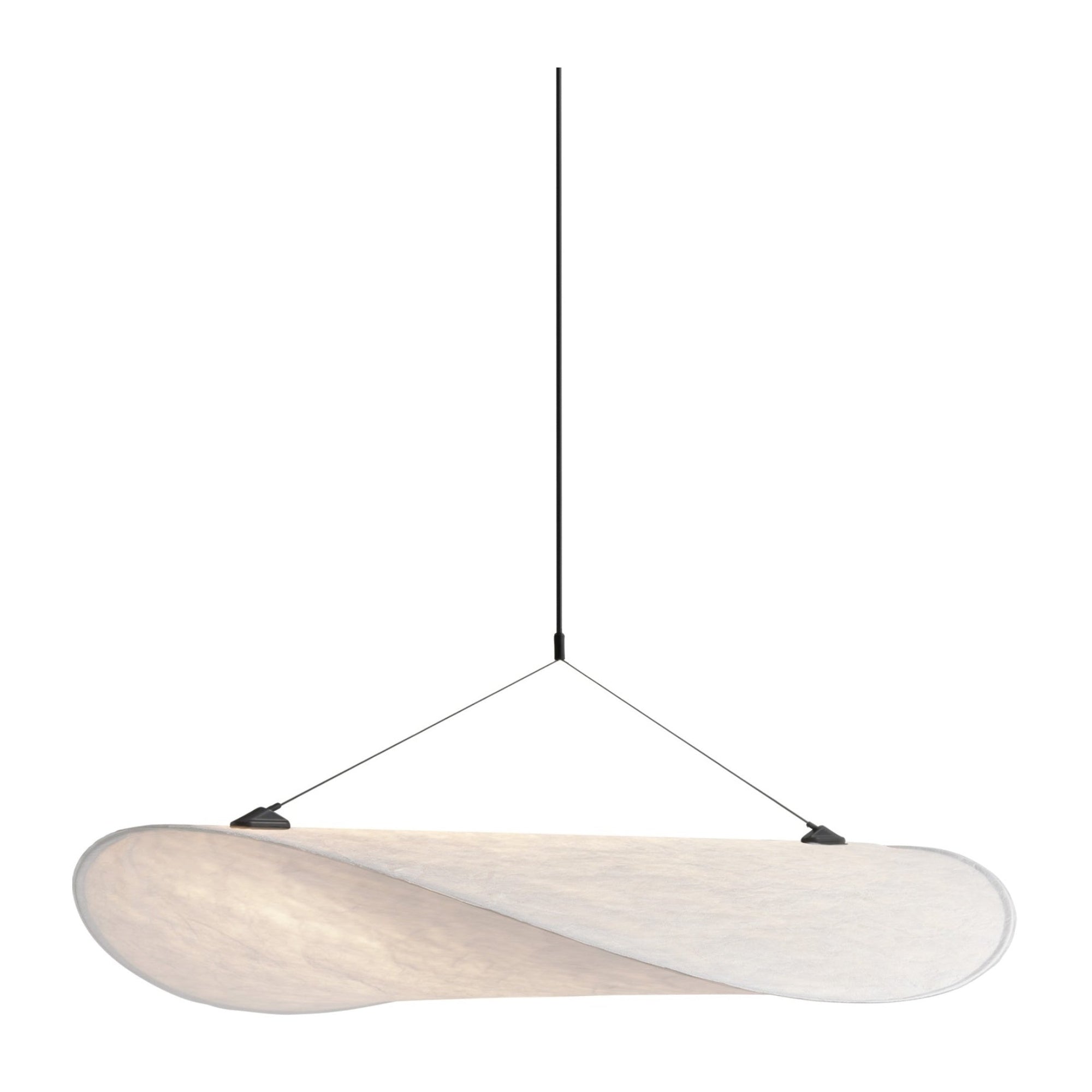 Modern pendant light with a white, wavy shade on a white background