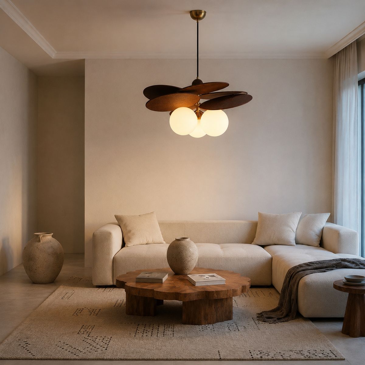 A modern living room featuring a sculptural multi-light pendant lamp with dark wood petals and three glowing frosted globe bulbs, hanging above a cream sectional sofa and a rustic wooden coffee table.