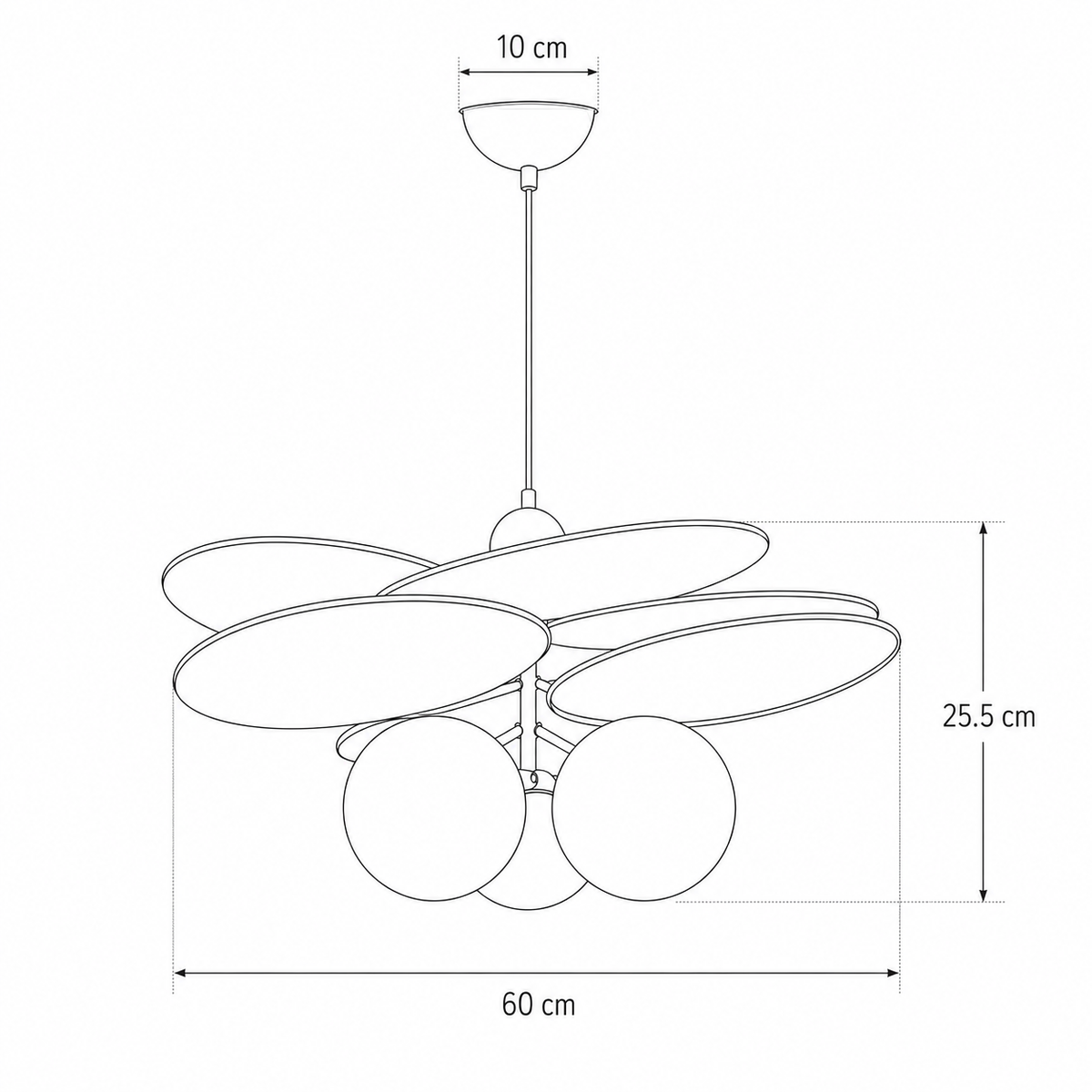 Technical line drawing of a modern pendant light fixture with dimension annotations showing a 10 cm canopy width, 60 cm overall width, 25.5 cm shade height, and a central hanging rod length.