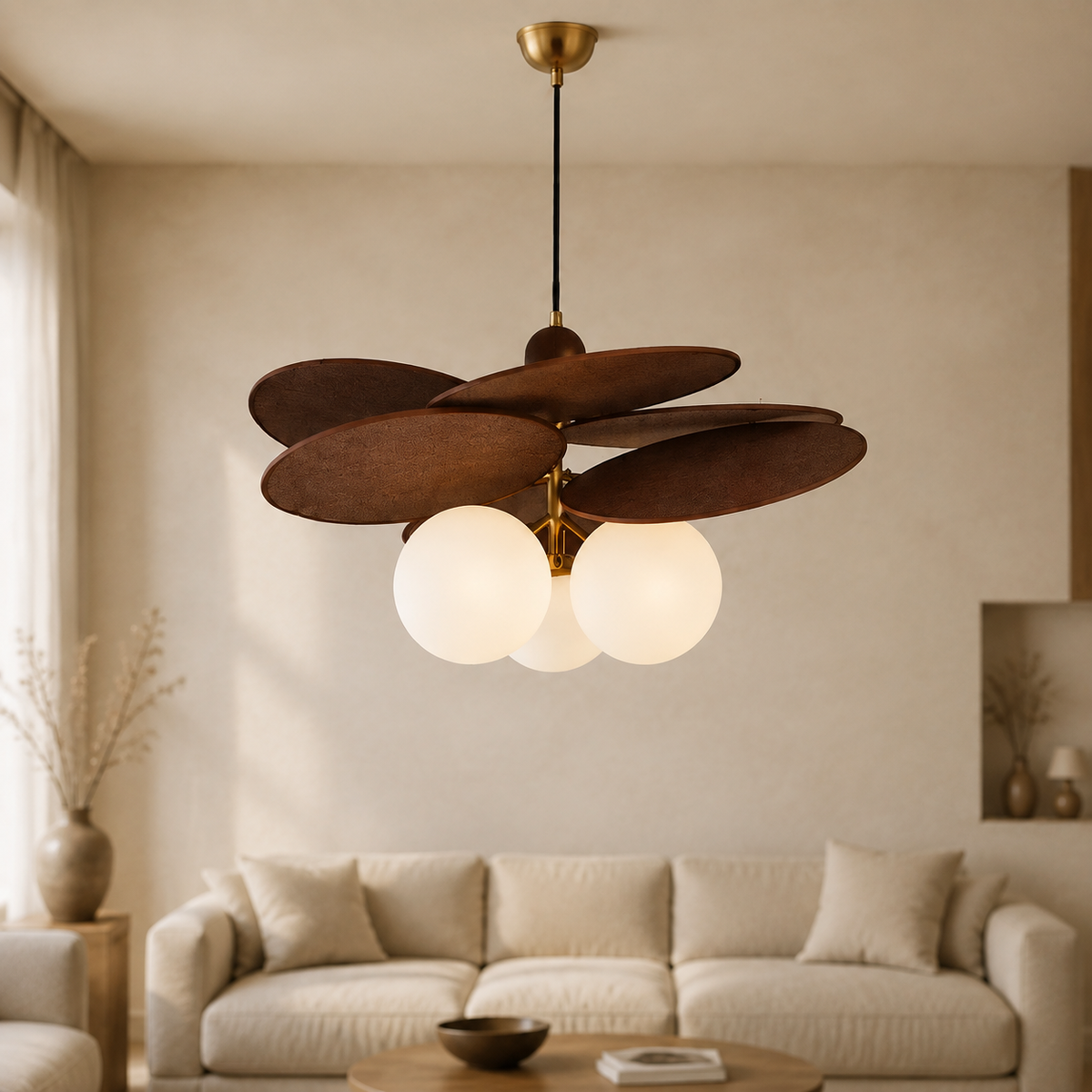 A modern pendant light fixture with five overlapping dark brown wooden discs and three glowing white globe shades, hanging in a warm, neutral-toned living room above a cream sofa.
