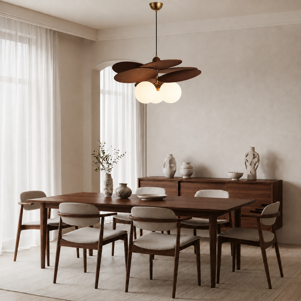 A mid-century modern dining room featuring a dark wood dining table and six matching chairs with light beige upholstered seats, under a distinctive multi-lobed wooden ceiling light with glowing globe bulbs.