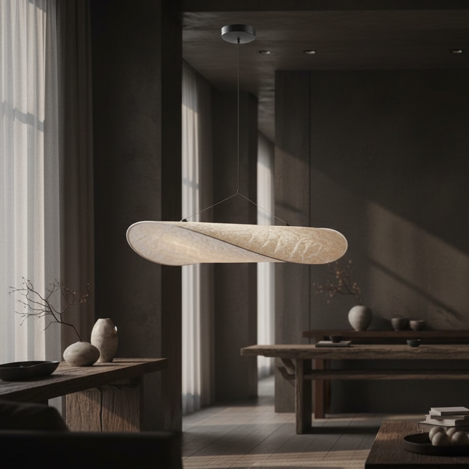 Modern pendant light hanging in a dimly lit room with wooden furniture and decor.