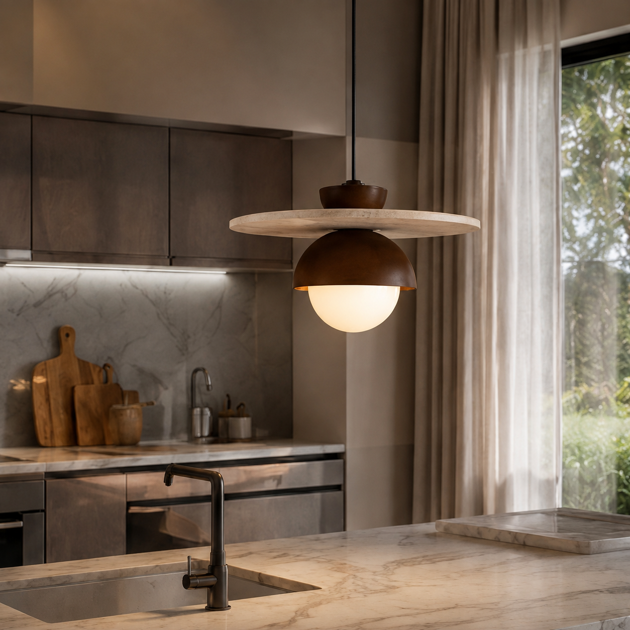 A modern pendant light with a round wooden disc and a glowing white globe shade hanging in a contemporary kitchen with marble countertops and dark wood cabinets.