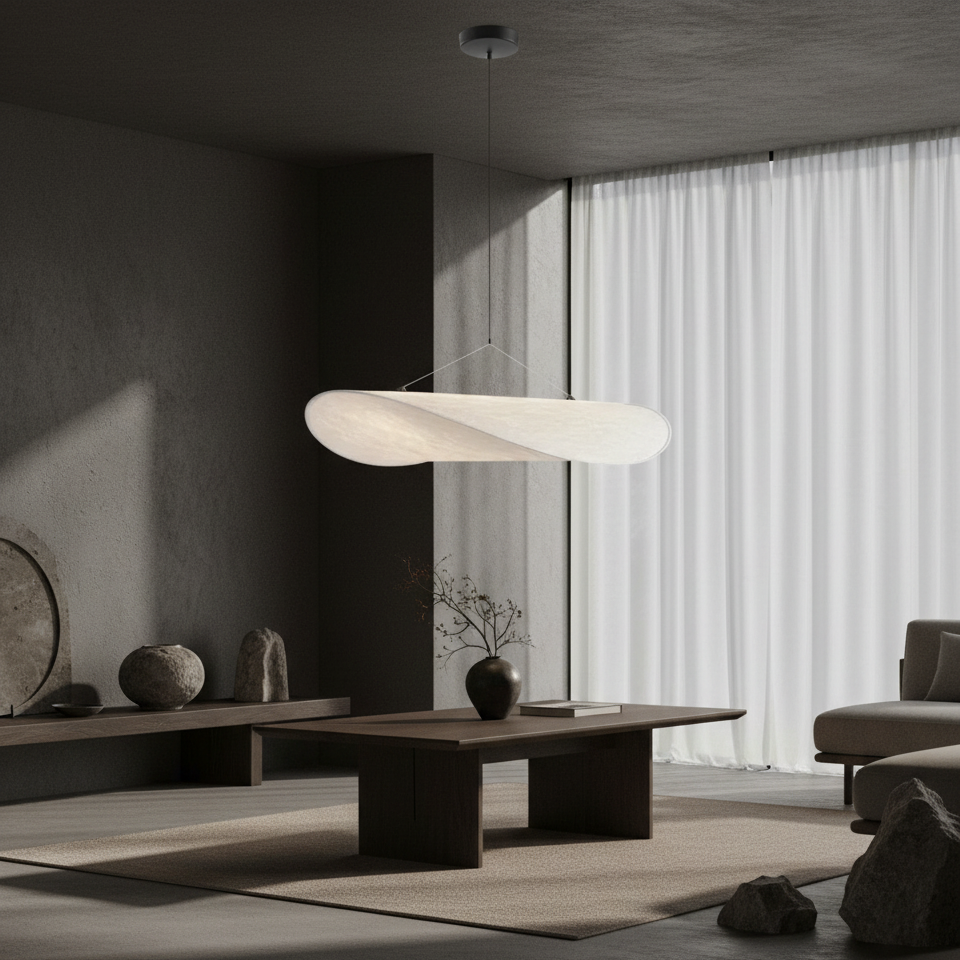 Modern living room with a pendant light, coffee table, and decorative elements.